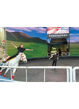來清境必看的利比扎馬術秀，可欣賞蒙古騎師在奔馳的馬兒上翻滾跳躍，精采萬分。之照片