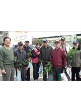 彰化榮家輔導員李久成（左一）帶領住家榮民領取樹苗返榮家種植。（陳倩洵攝）之照片